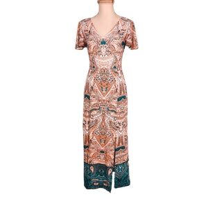 LONDON TIMES MAXI DRESS SZ 0 SHOT SLEEVES PINK & BLUE PAISLEY PRINT V-NECK